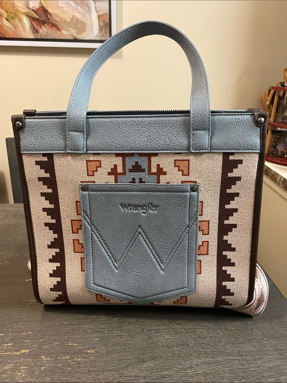 Wrangler Light Blue, Brown and Cream Southwest Tote